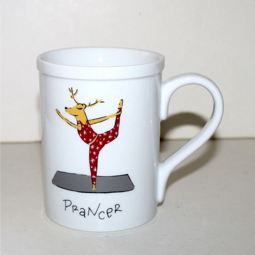 Pottery Barn coffee tea Mug Reindeer Prancer yoga white porcelain Christmas